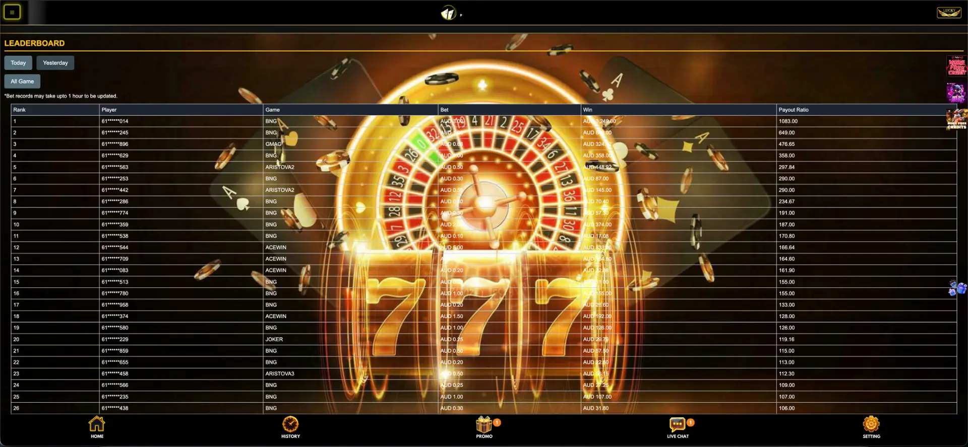 AUD leaderboard display from the supplied interface