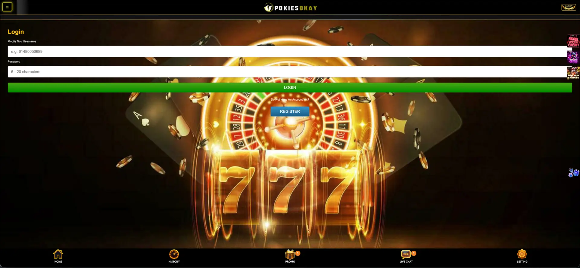 PokiesOkay mobile-number or username login form