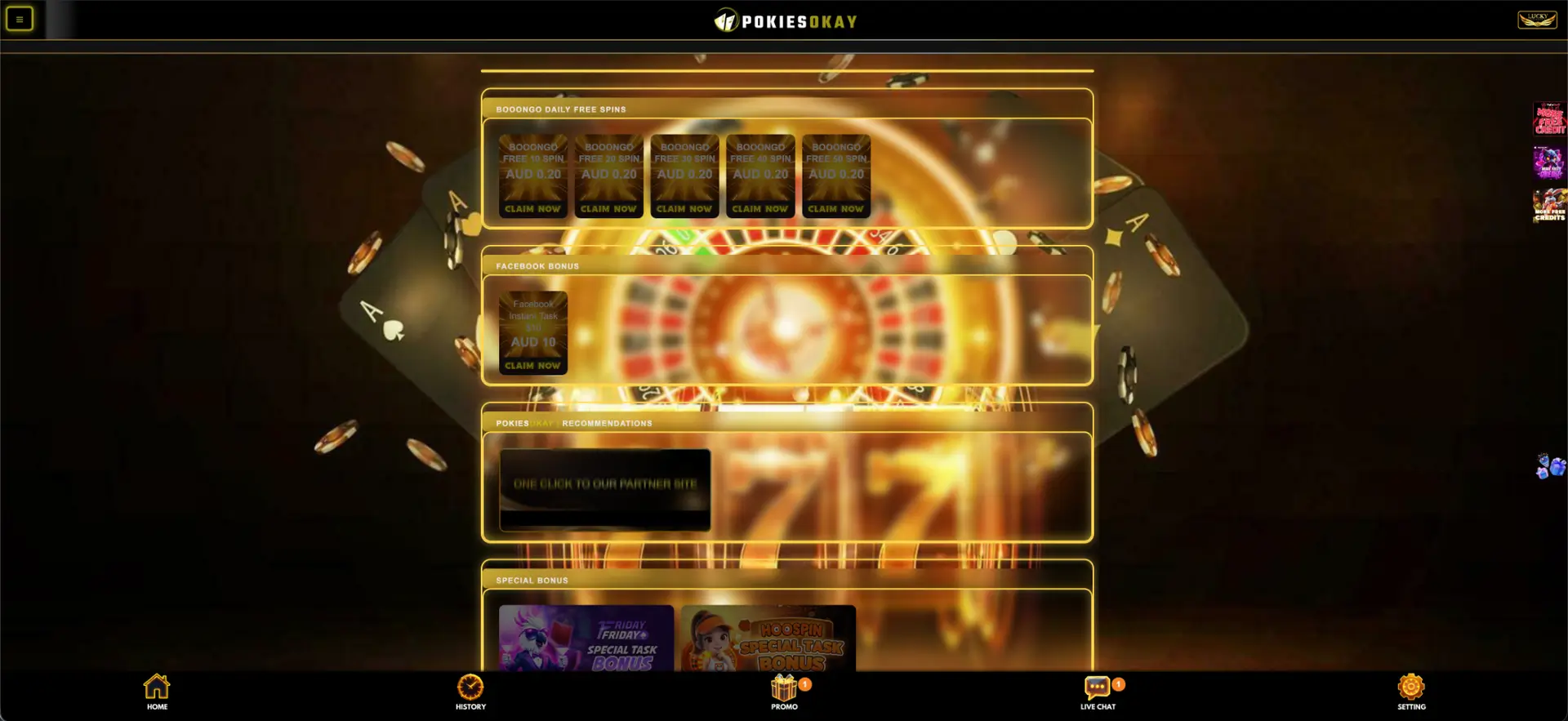 Promotion cards visible in the PokiesOkay interface